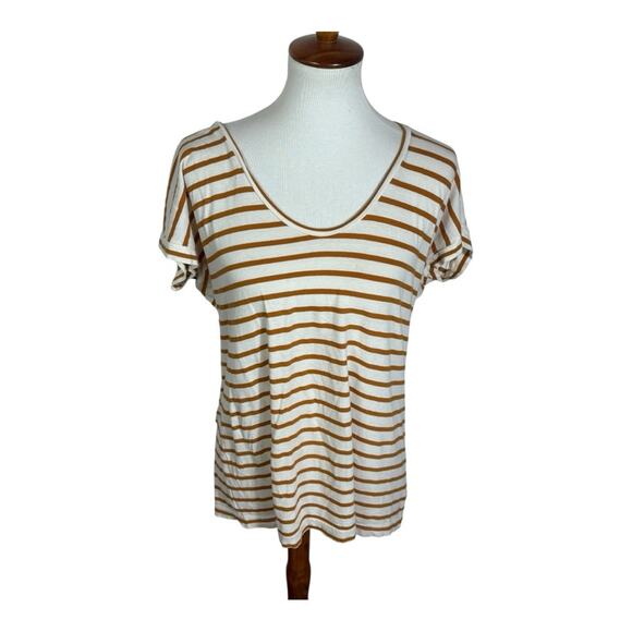 Tory Burch Soft Striped V Neck Brown and White Women's Tee Size L - Picture 3 of 7